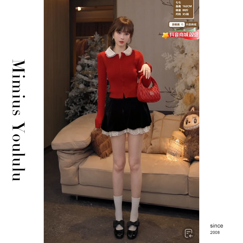 【mimius】&喵喵 翻领针织衫+蕾丝拼接短裤 汉服() F12282