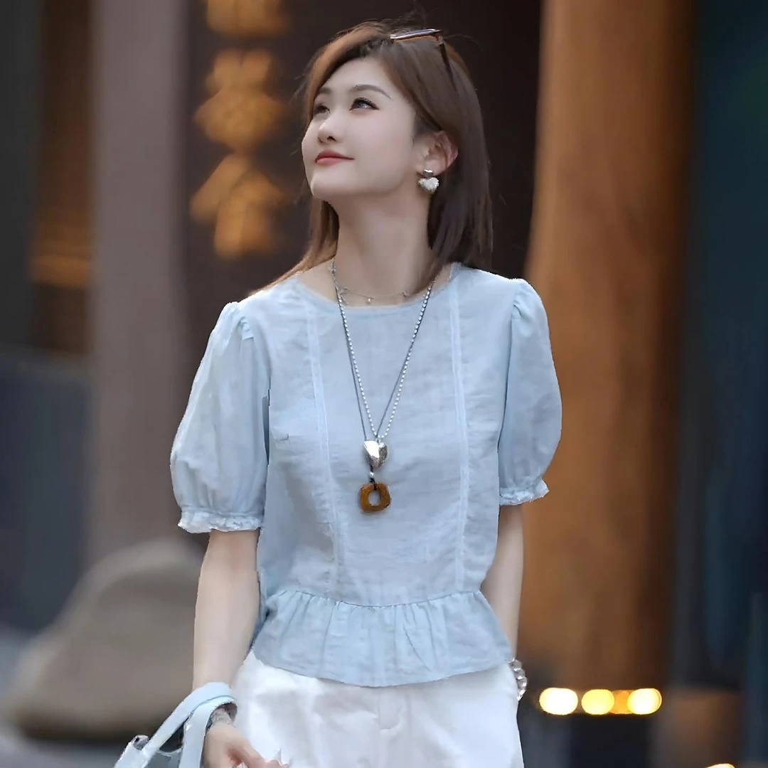 2025夏季新款女士法式圆领蕾丝花边短袖衬衫时尚洋气小衫显瘦上衣