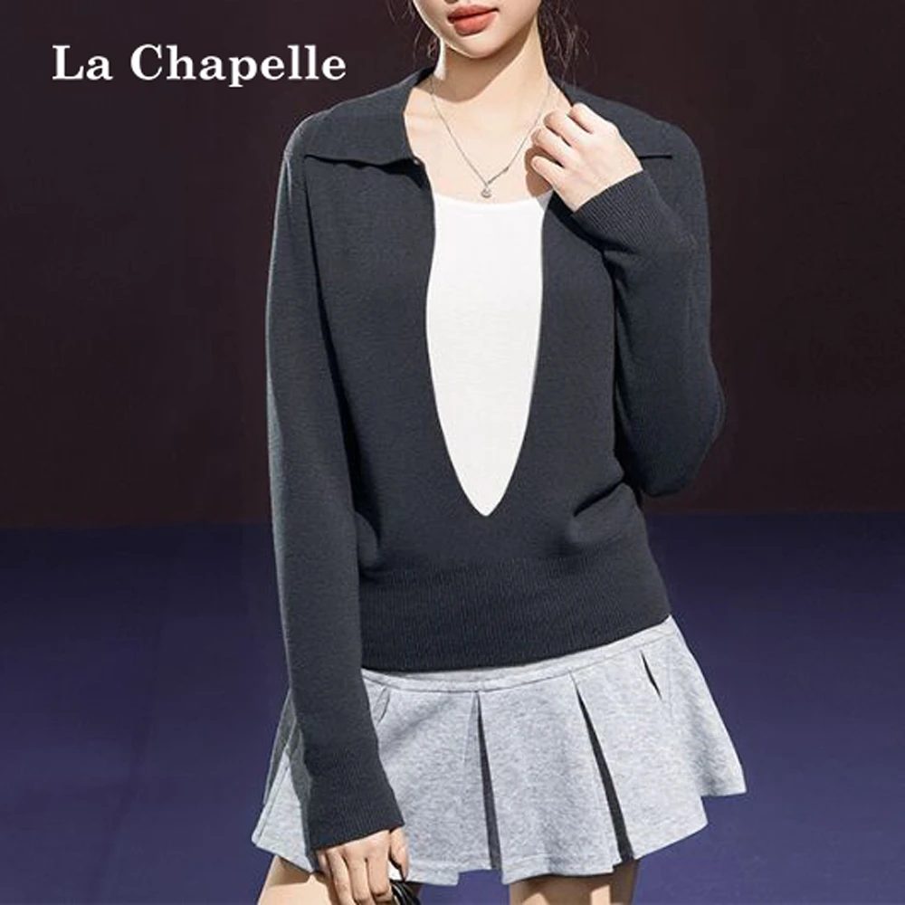 拉夏贝尔纯欲秋冬撞色u领长袖针织衫女假两件polo衫时尚洋气上衣