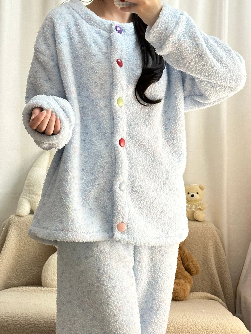 秋冬季蓝色彩点软乎乎珊瑚绒圆领开衫少女学生睡衣厚款保暖家居服