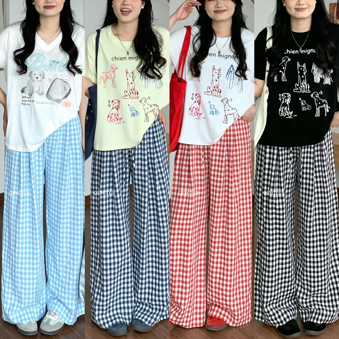 青屿衫-高腰宽松休闲格子裤慵懒风垂感裤子微胖显瘦春季大码女装