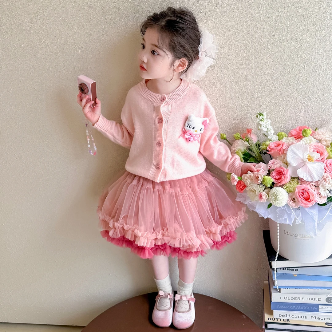 儿童春秋季新款洋气长袖2025女童针织开衫毛衣凸凸裙套装女宝秋装