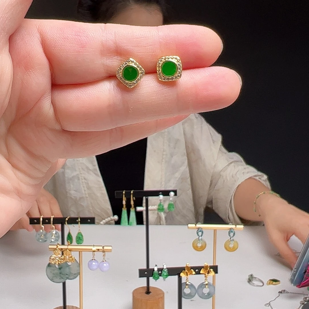 翡翠银S925镶嵌耳饰天然翡翠