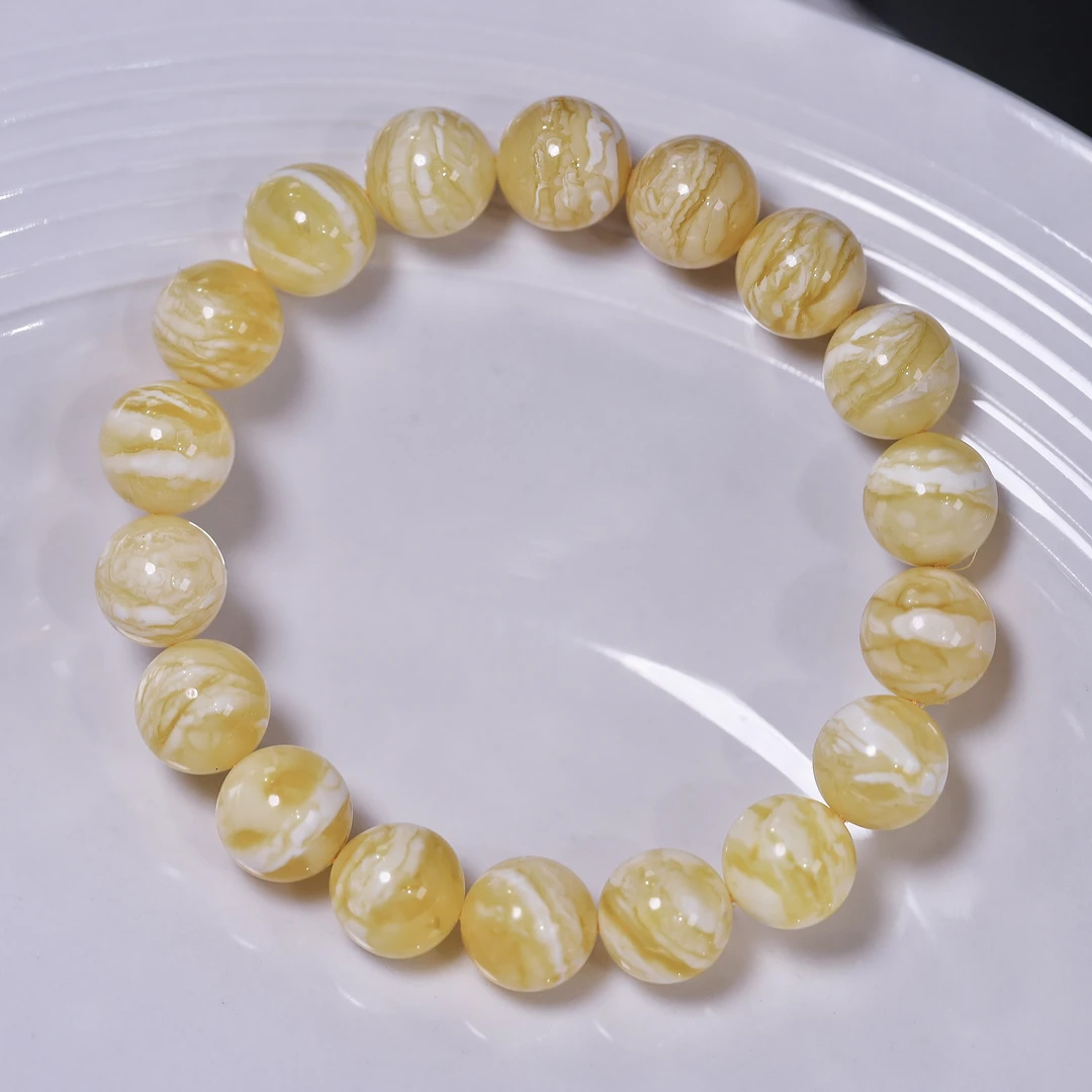 11.5mm俄料精品无优化瓷白奶橘底妖花虎皮纹圆珠蜜蜡手串时尚文玩