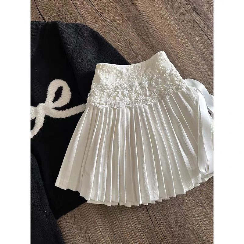 小众设计感纯欲风蛋糕裙女春秋高腰蕾丝拼接系带甜美百褶黑色短裙