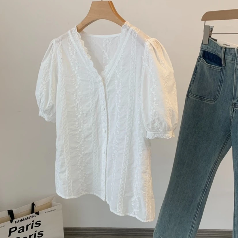 高级轻奢风满绣纯棉蕾丝花边领小衫衬衣法式别致白衬衫