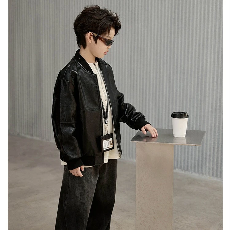 男童休闲拉链衫宽松秋季圆领皮衣夹克2025新款儿童春秋韩版潮流款