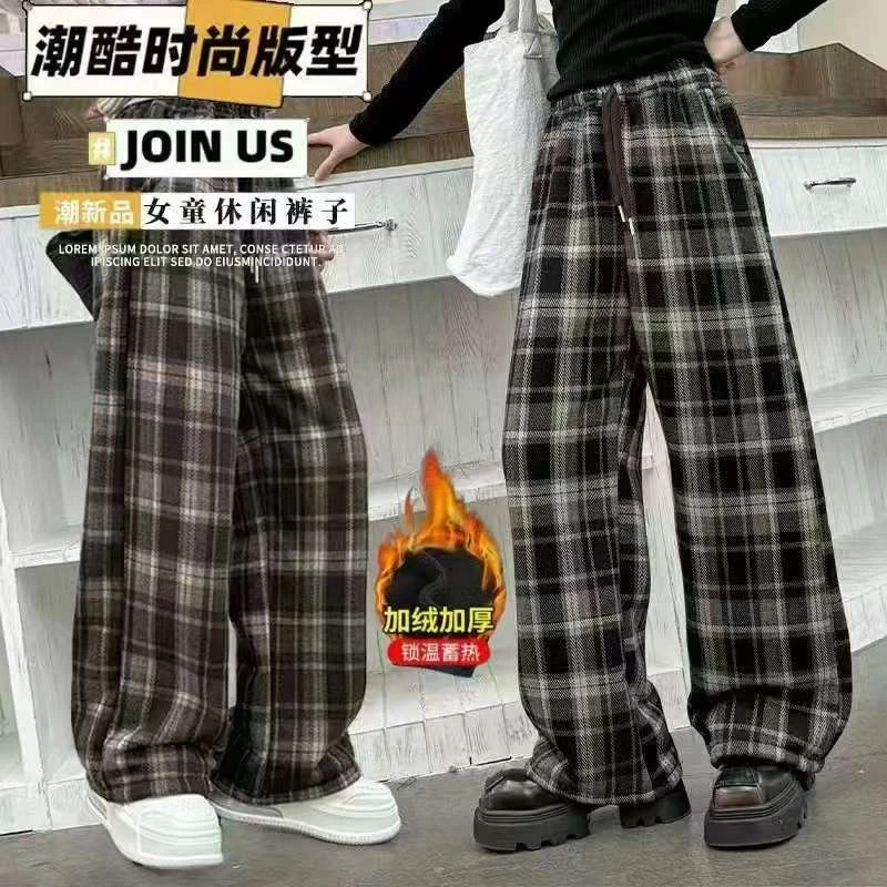 女童冬季加绒裤子格子裤洋气阔腿裤时尚大童加厚格子休闲裤