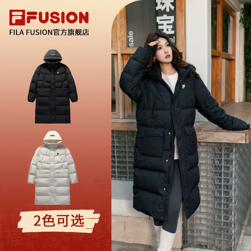 FILA FUSION斐乐官方运动羽绒服女冬连帽过膝外套T11W445904F