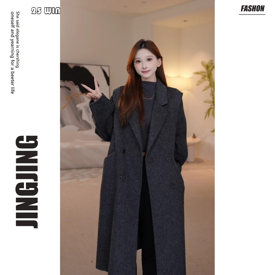 【婧婧】双面羊毛大衣2025冬新款翻领百搭中长款毛呢外套25D216