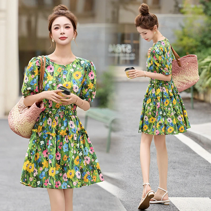 复古时髦碎花泡泡袖连衣裙夏季纯棉印花淑女范洋气小个子显瘦裙子