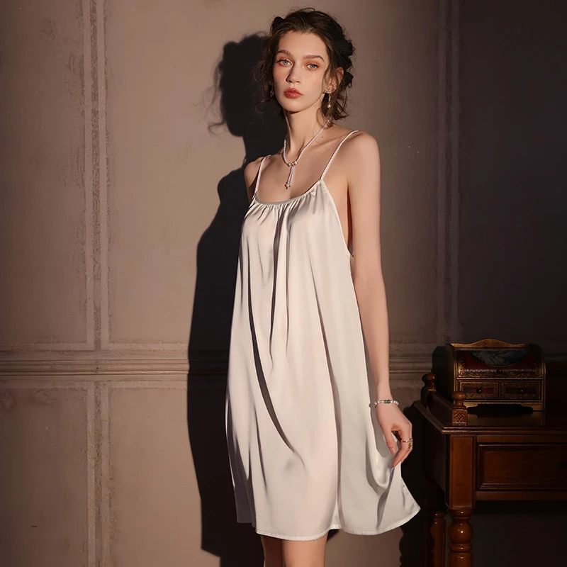 （性感）法式温柔风纯色露背高级感宽松夏季吊带睡裙女家居服夏天