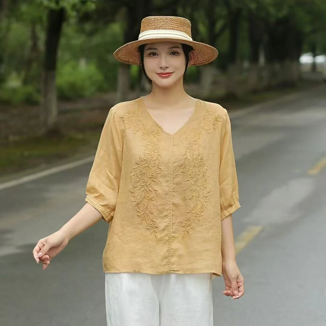 圆领夏季新款短袖纽扣超薄苎麻百搭休闲衬衫女气质衬衣傣族风格