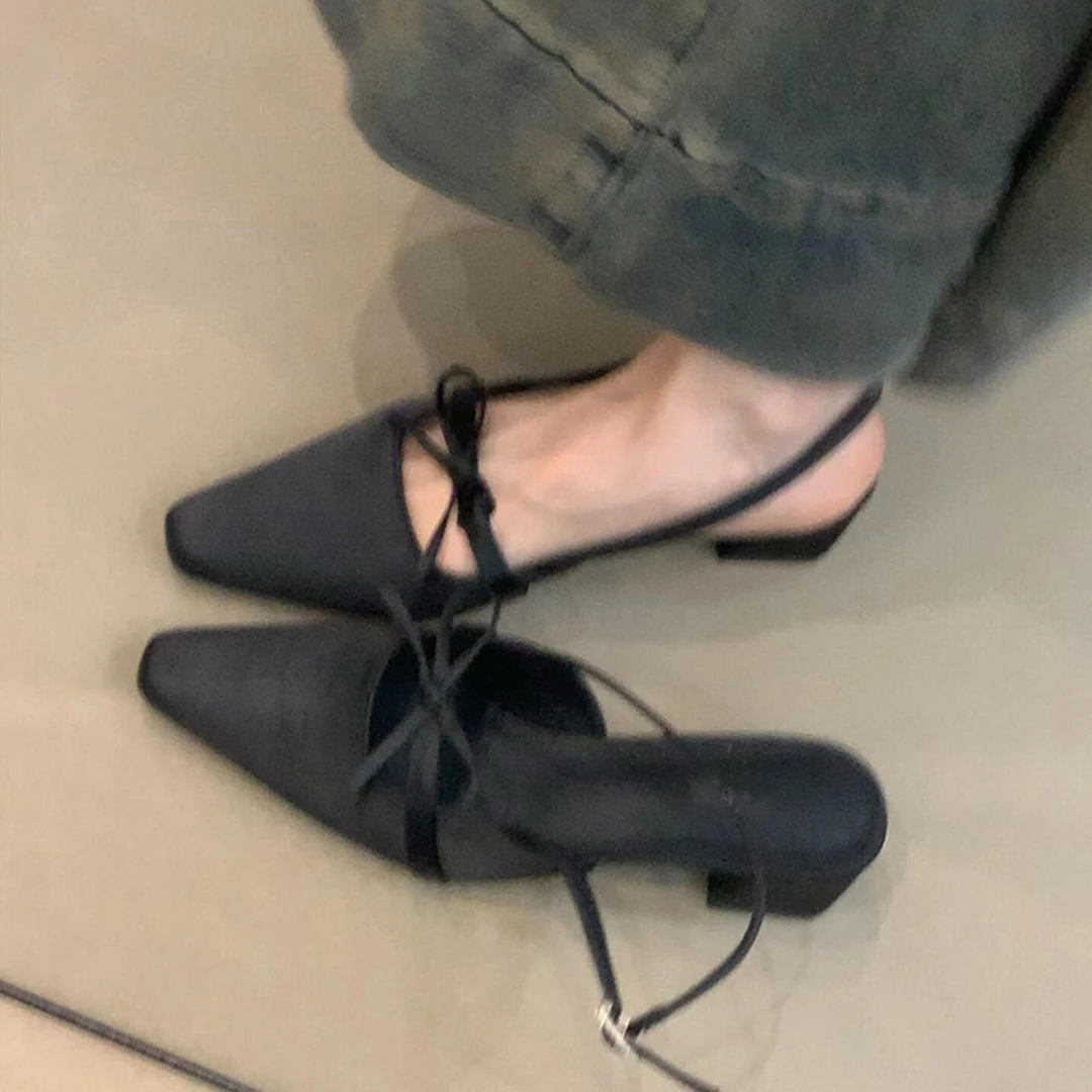 羊皮版~温柔仙女风气质绸缎高跟单鞋女百搭方头蝴蝶结后绊带凉鞋