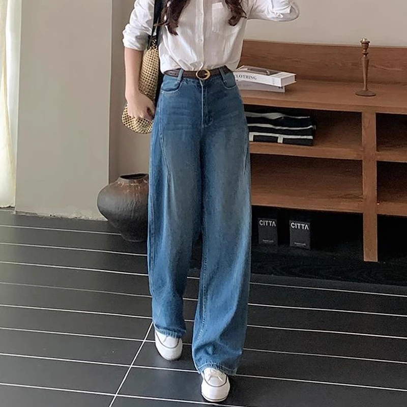 拉夏贝尔高腰牛仔裤女2025秋季新款洋气宽松阔腿裤休闲垂感弯刀裤