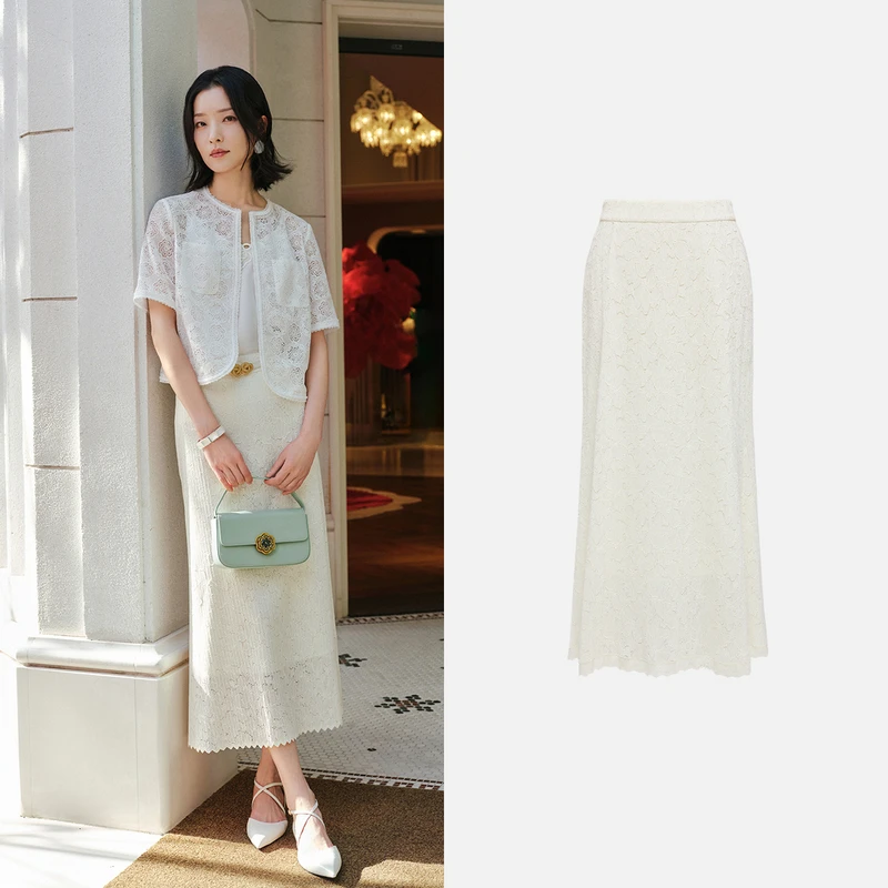 EP雅莹高端系列 气质高腰褶艺鱼尾米色半身裙 夏季新款3304A