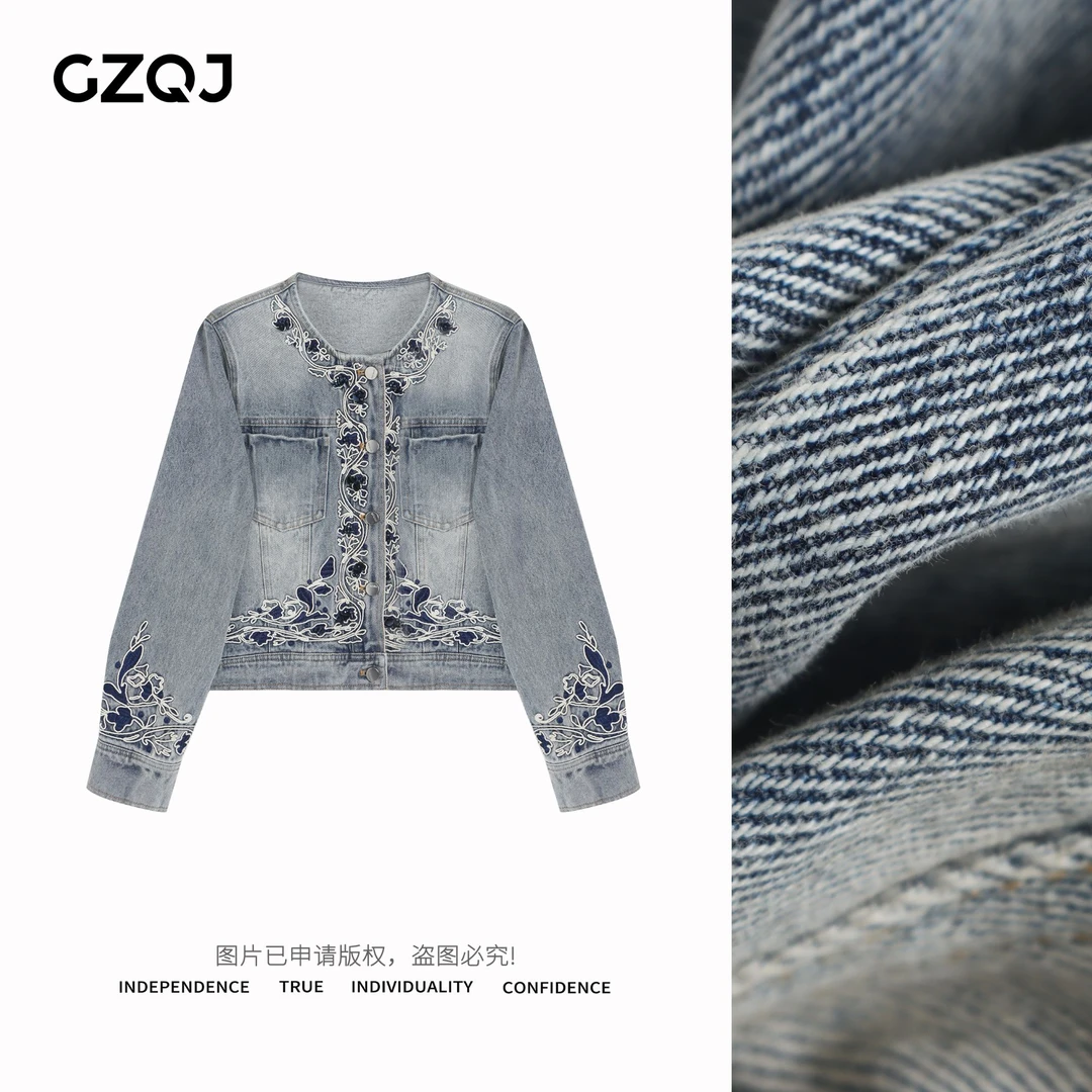 老琴私服【蒸汽漫游局】重工短款气质刺绣钉珠牛仔外套女  35054