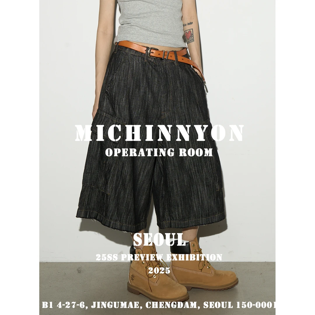 MICHINNYON「河流纹理」美式复古口袋水洗牛仔宽松七分裤男女潮