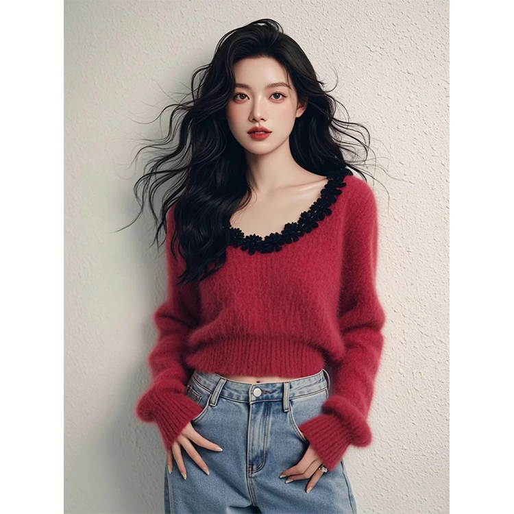 今年流行爆款慵懒高级超好看新年毛衣红色花朵边加厚针织毛衣女冬