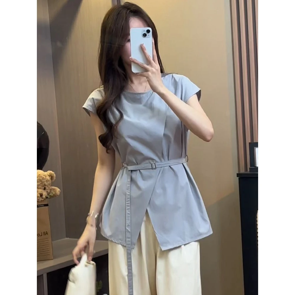 设计感收腰显瘦短袖衬衫女夏季时尚百搭气质韩版上衣小个子洋气