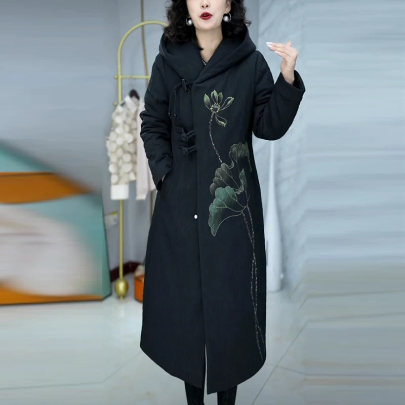 蓄热棉黑色显瘦国风棉衣外套2025冬季新款中式中长款过膝保暖棉服