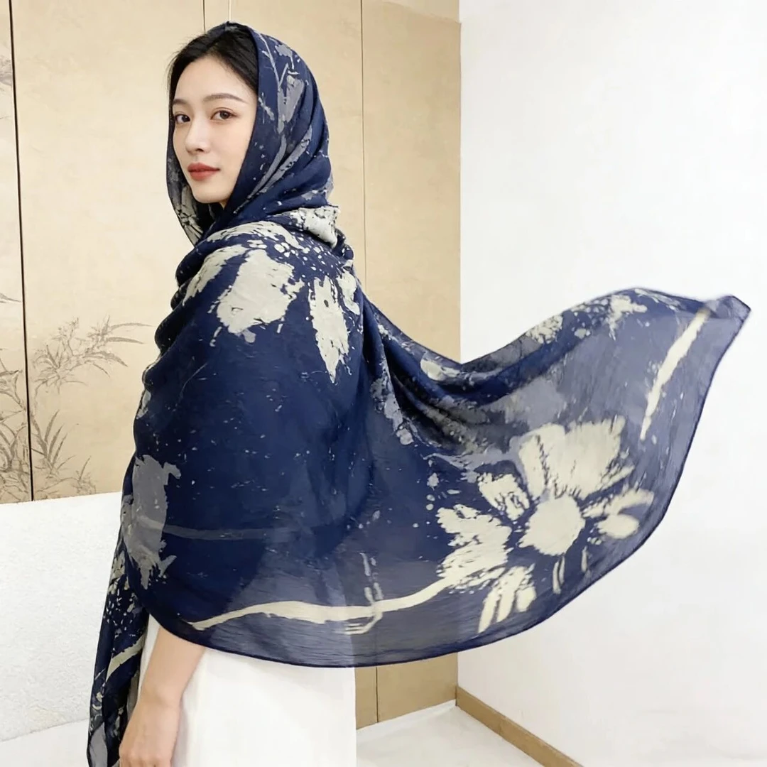 青花-琉璃纱复古130*130大方巾春夏新头巾防晒披肩空调护颈丝巾