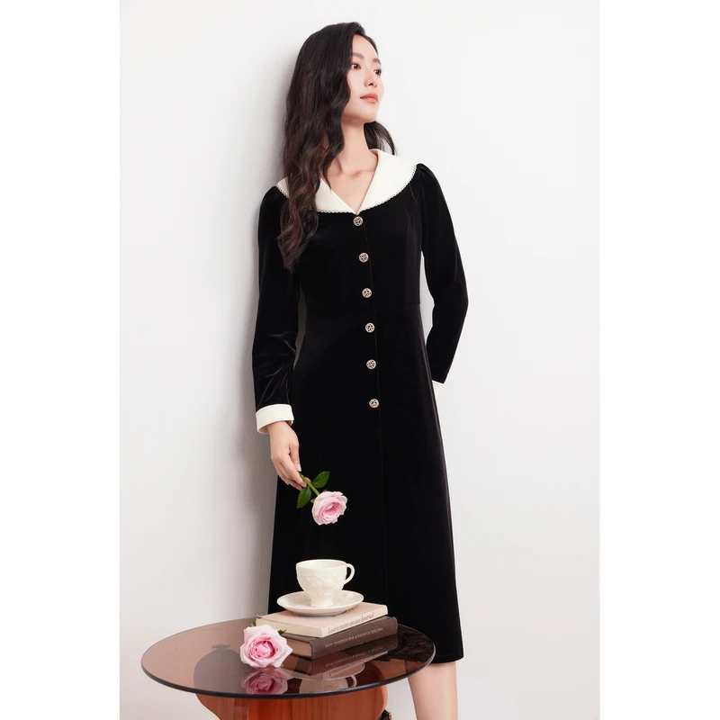 【秋日浪漫来信】秋冬赫本风显瘦丝绒连衣裙KF11390W0