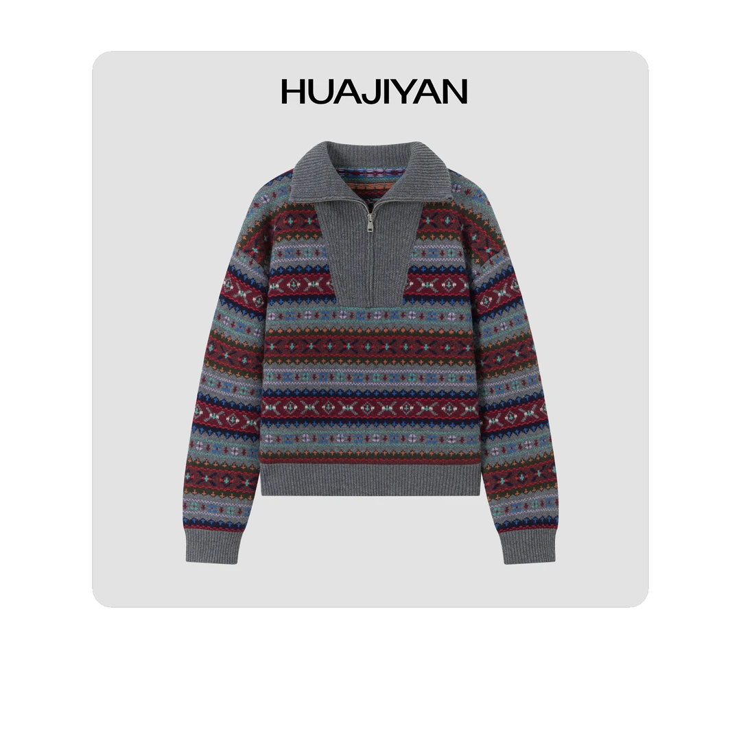 华吉言/HUAJIYAN 100羊毛半拉链翻领特种织花百搭毛衣