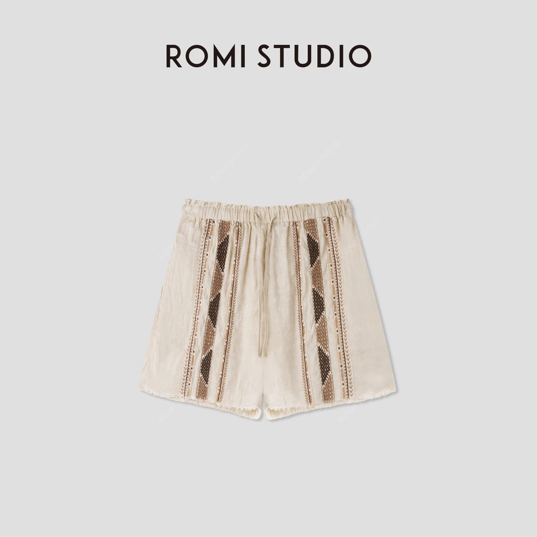ROMI STUDIO 复古民族风重工刺绣松紧腰亚麻休闲短裤 RWCRXJ2825