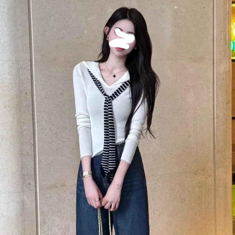 海军领条纹披肩针织衫女秋季韩系简约时尚修身显瘦假两件打底上衣