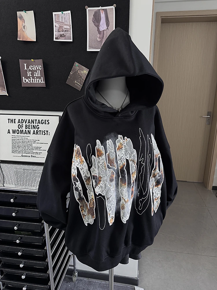 美式复古加厚蕾丝烧花刺绣连帽卫衣女秋冬新款宽松长袖上衣外套