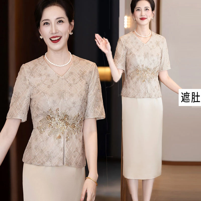 年轻喜婆婆婚宴装旗袍婚礼刺绣香槟色连衣裙高端结婚喜妈妈晚礼服