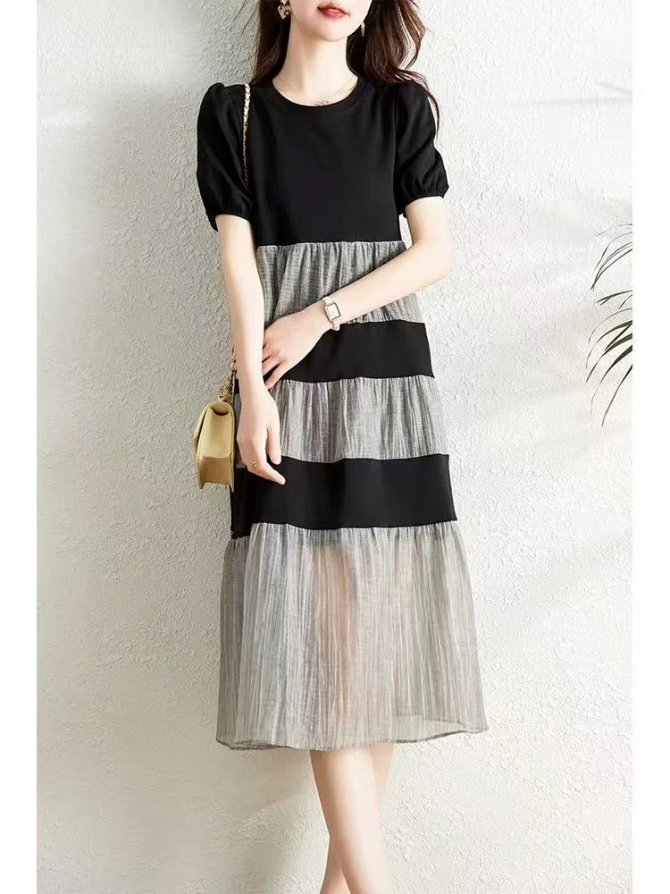 【W5435灰黑大横条纹】MYY2025时尚百搭洋气中长款连衣裙女