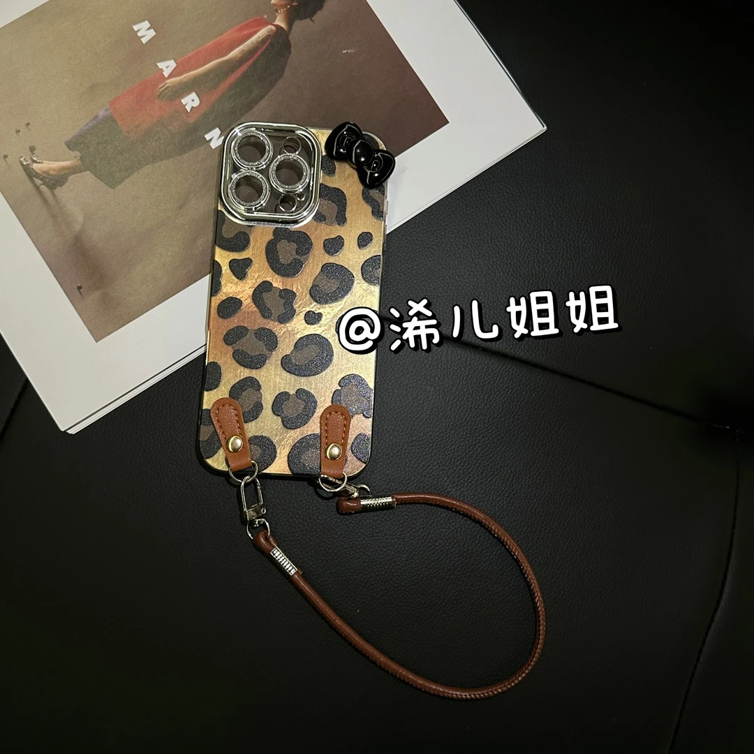 【浠儿家】辣妹豹纹挂绳适用苹果华为荣耀多型号蝴蝶结手机壳防摔