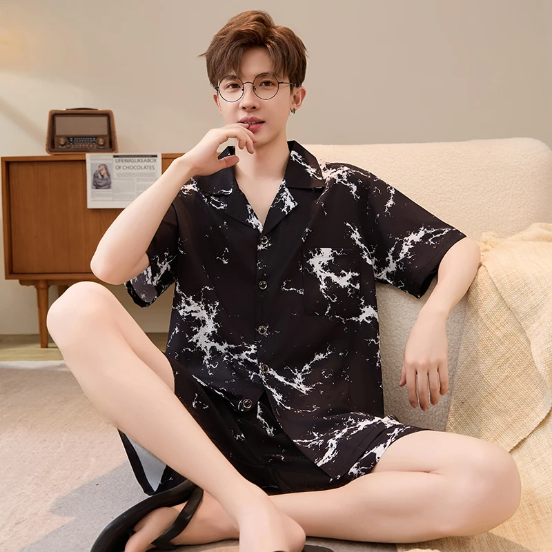 垂感丝滑睡衣男款新款短袖短裤薄款男士夏天冰丝家居服套装可外穿