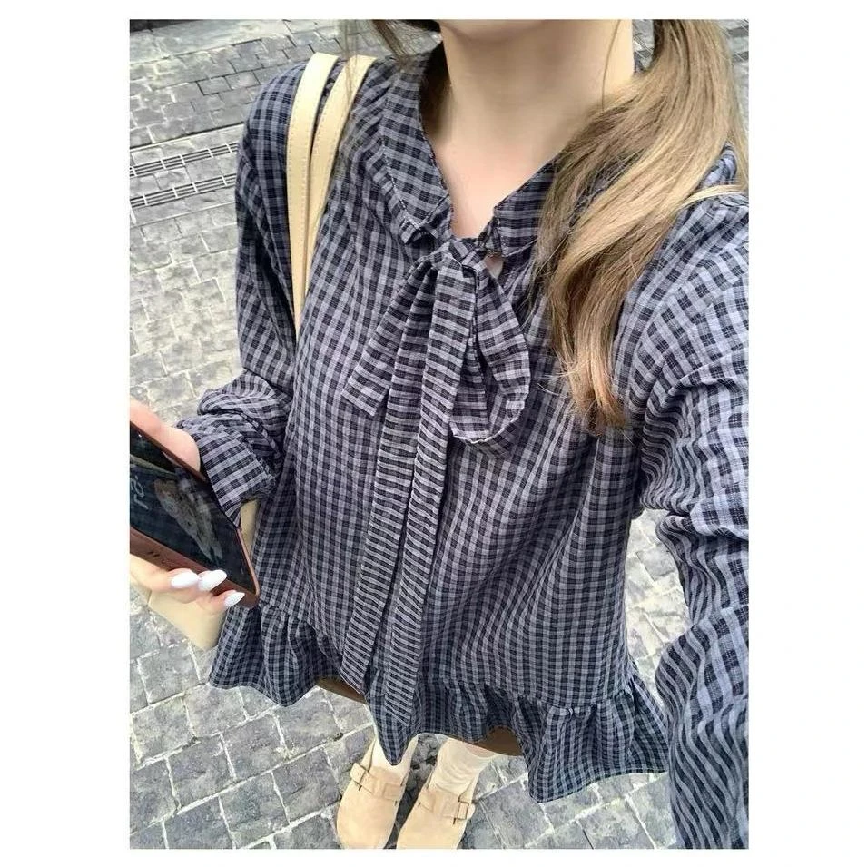 韩系设计感荷叶边格子衬衫女早秋新款宽松显瘦减龄甜美百搭小衫