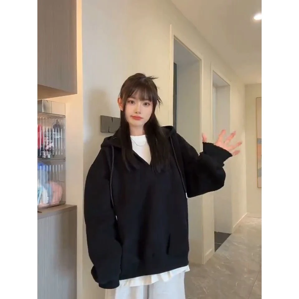 2025流光风个性百搭少年假两件连帽卫衣女秋冬季加绒保暖宽松上衣