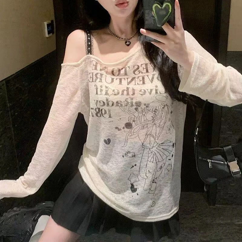 大码夏季甜辣妹设计感宽松长袖t恤女不规则斜肩薄款防晒罩衫上衣2