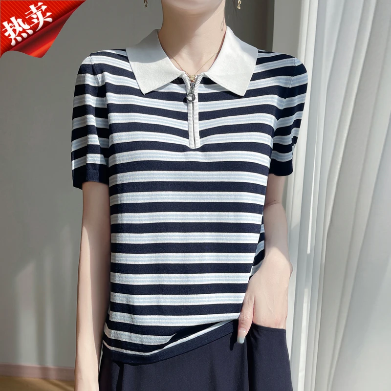 2025新款休闲翻领半拉链条纹短袖针织衫撞色百搭上衣小衫夏