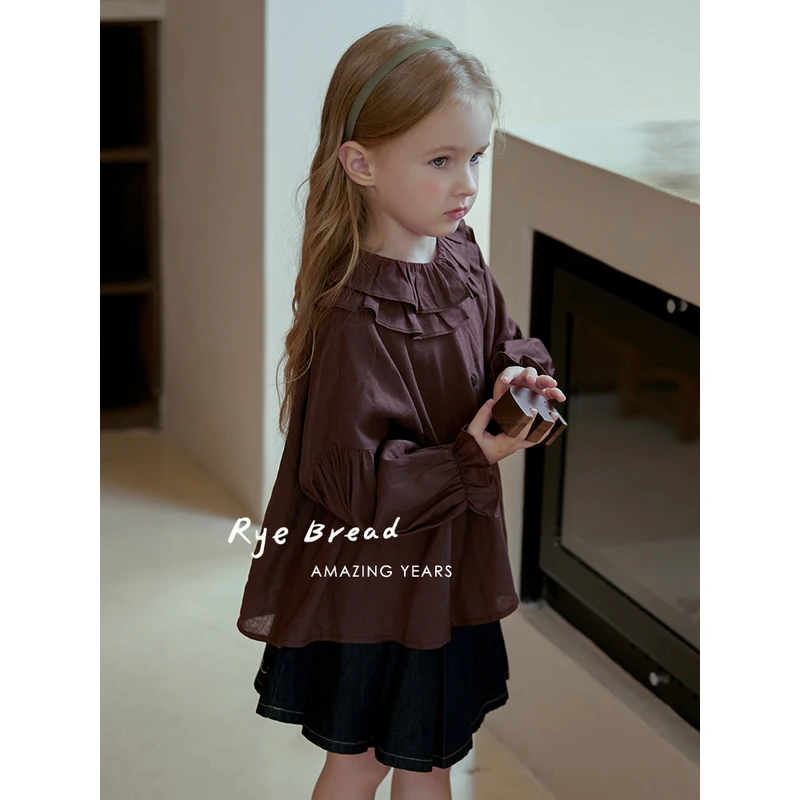 ryebread/黑面包童装 韩系双层花边领女小童花苞袖娃娃衫5春秋