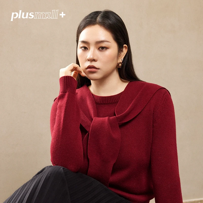 PLUSMALL 慵懒学院派 软糯混纺可拆卸披肩圆领毛衣PAC2411055