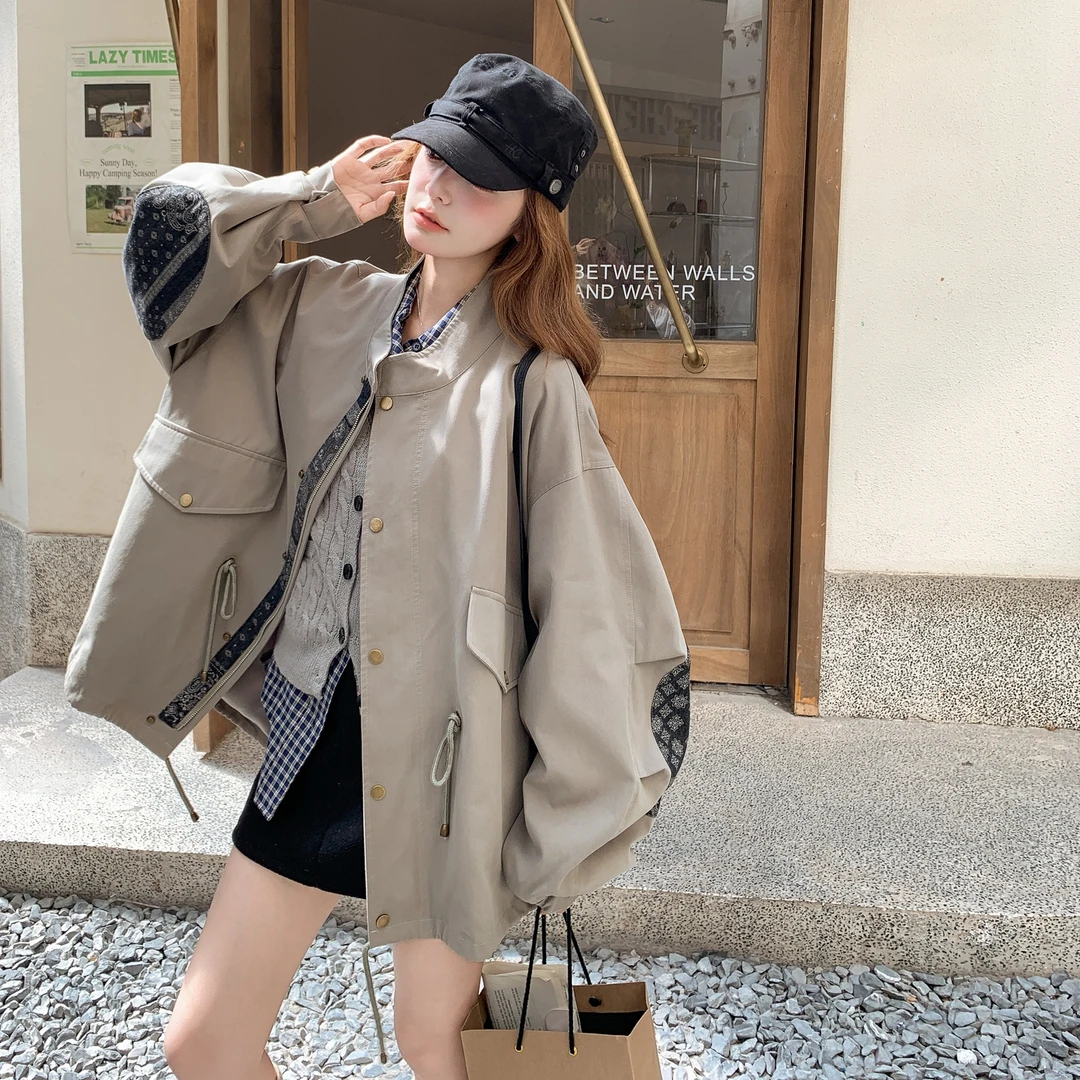 韩版工装风立领短外套女秋季宽松百搭复古拼接夹克设计感小众时尚