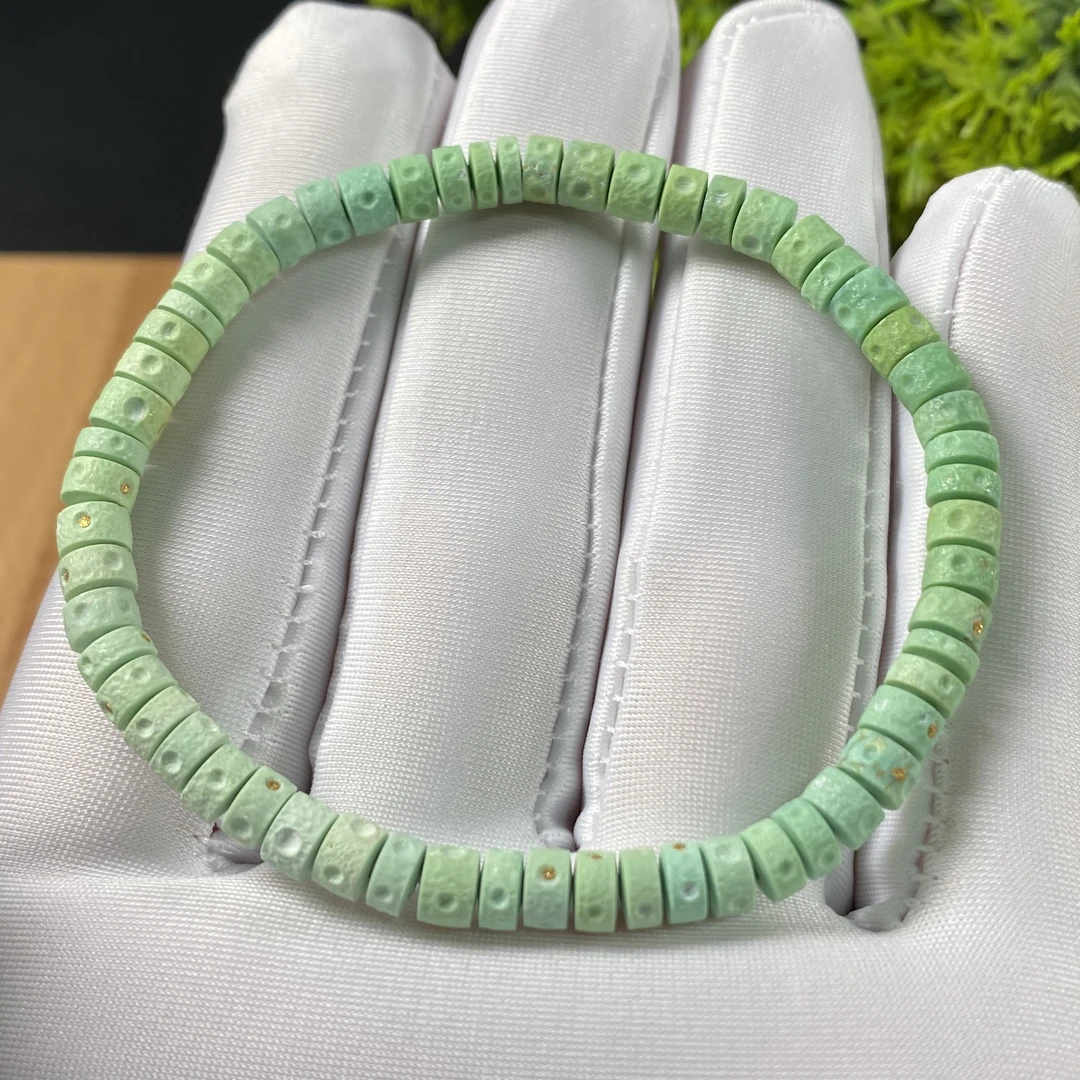 原矿绿松石菜籽黄星球直切手串 直径5mm，重7.77g，圈围16.5cm