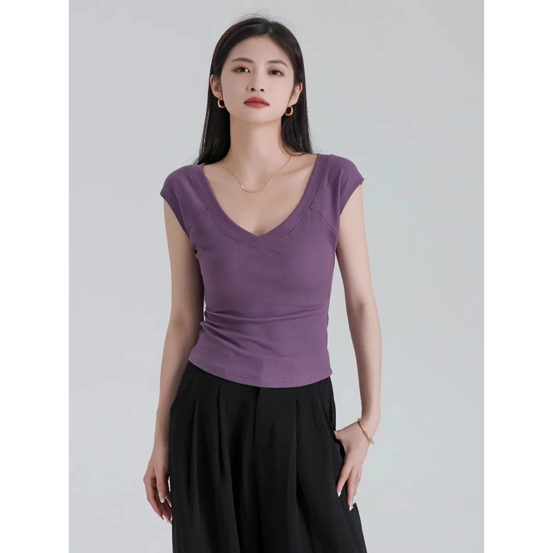 紫色V领短袖女t恤2025新款夏季修身显瘦露锁骨纯色内搭打底衫上衣