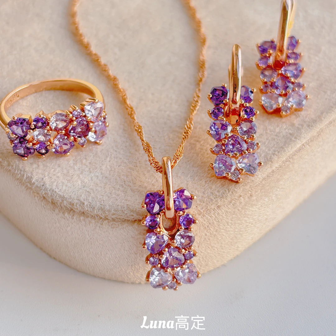 铜合金合成锆石项链 Luna定制0250玫瑰金色蓝紫罗兰贵气三件套