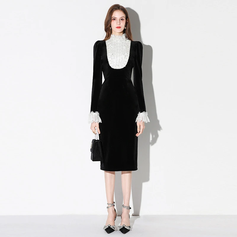 达菲时尚春季法式赫本风撞色小黑裙钉珠荷叶袖连衣裙H32882