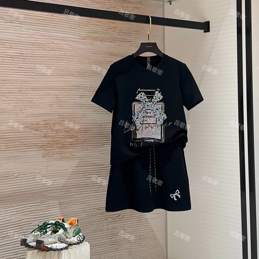 【宠粉价】蝴蝶结字母香水瓶潮流设计感短袖套装裙裤JC-A3682