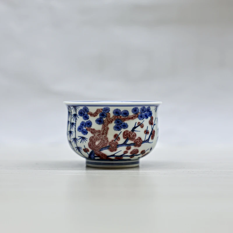 【小田甄陶】釉里红松竹梅炉式杯jty16