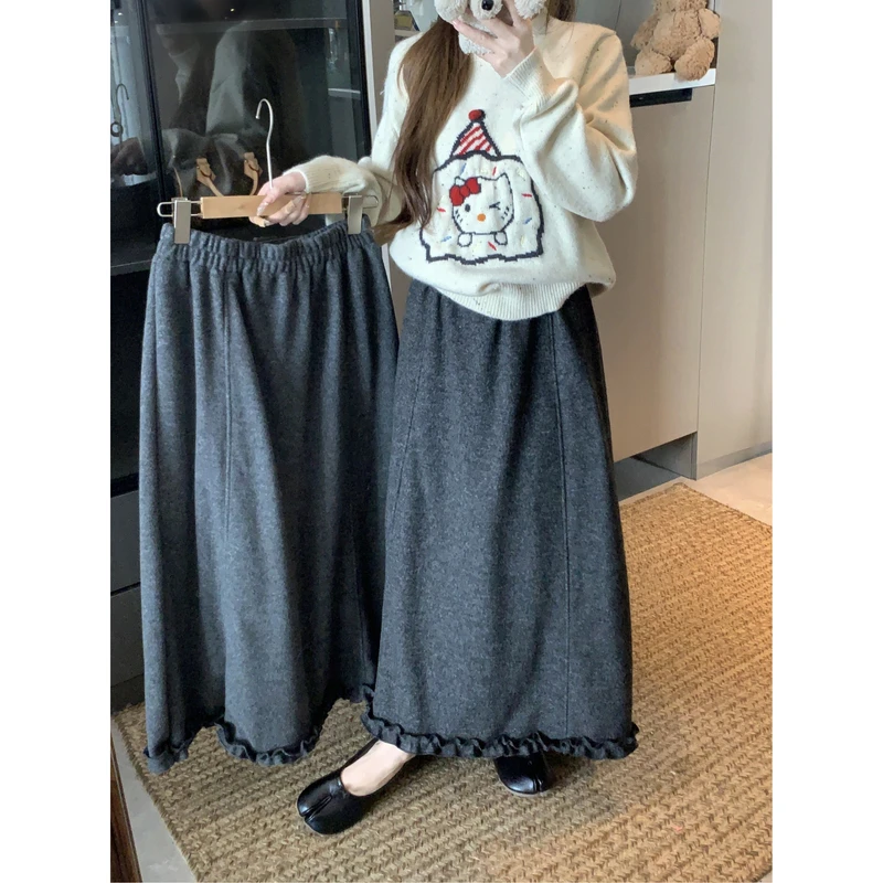 时尚高腰气质荷叶半身裙2025初冬季新款韩版加厚显瘦简约百搭长裙