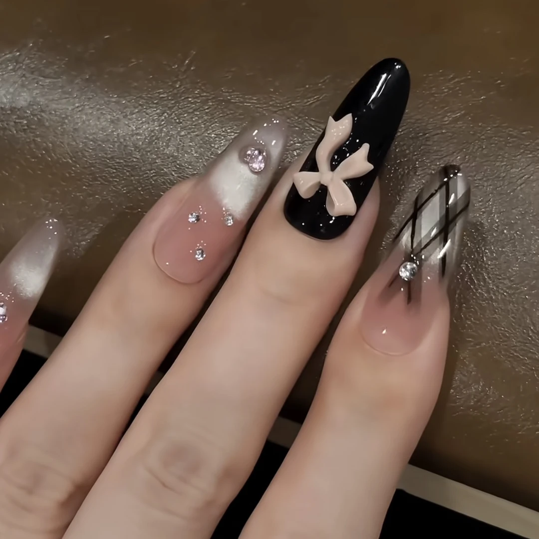 公主格纹甜酷风黑色粉色蝴蝶结渐变猫眼手工中长款穿戴甲美甲